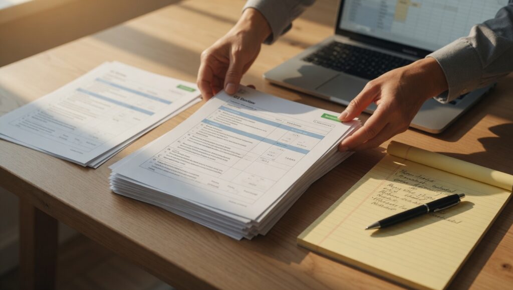 hands organizing a stack of papers on a desk