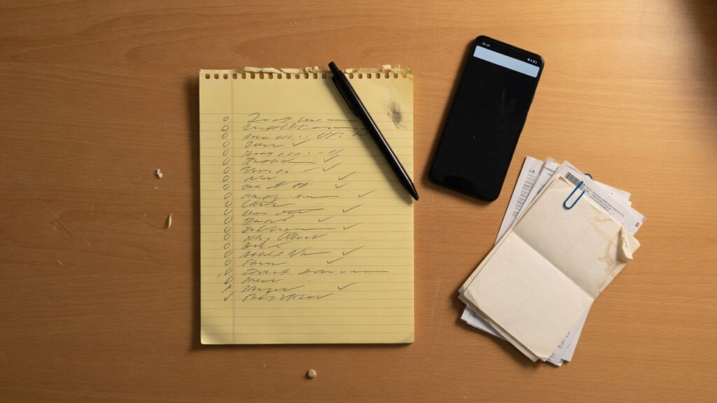 legal pad with notes and phone with checklist