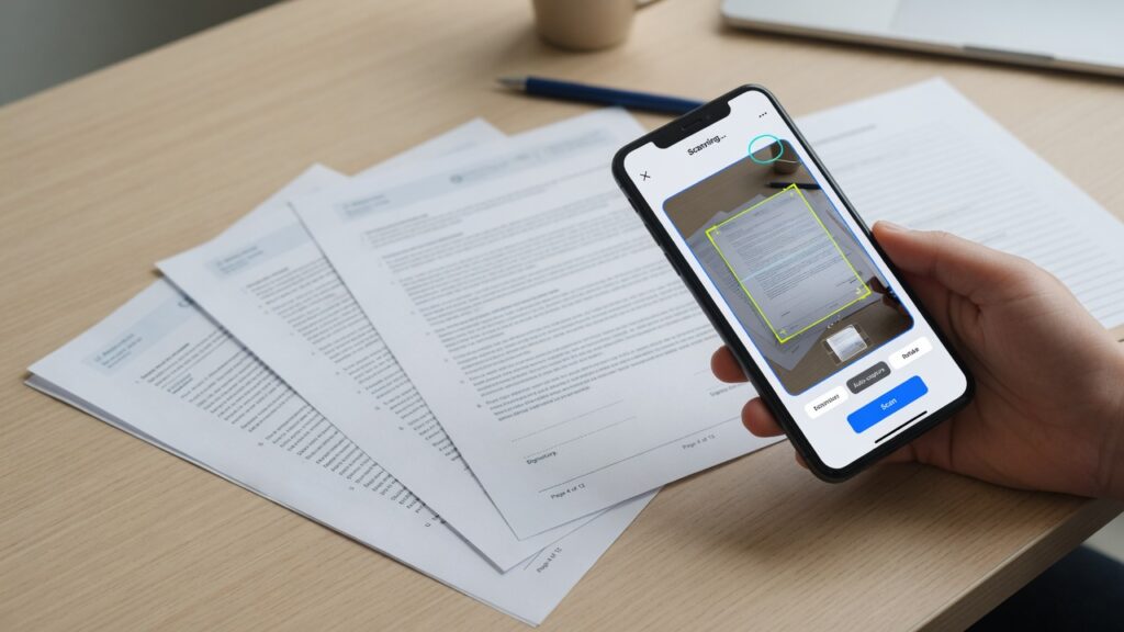 person scanning documents with smartphone